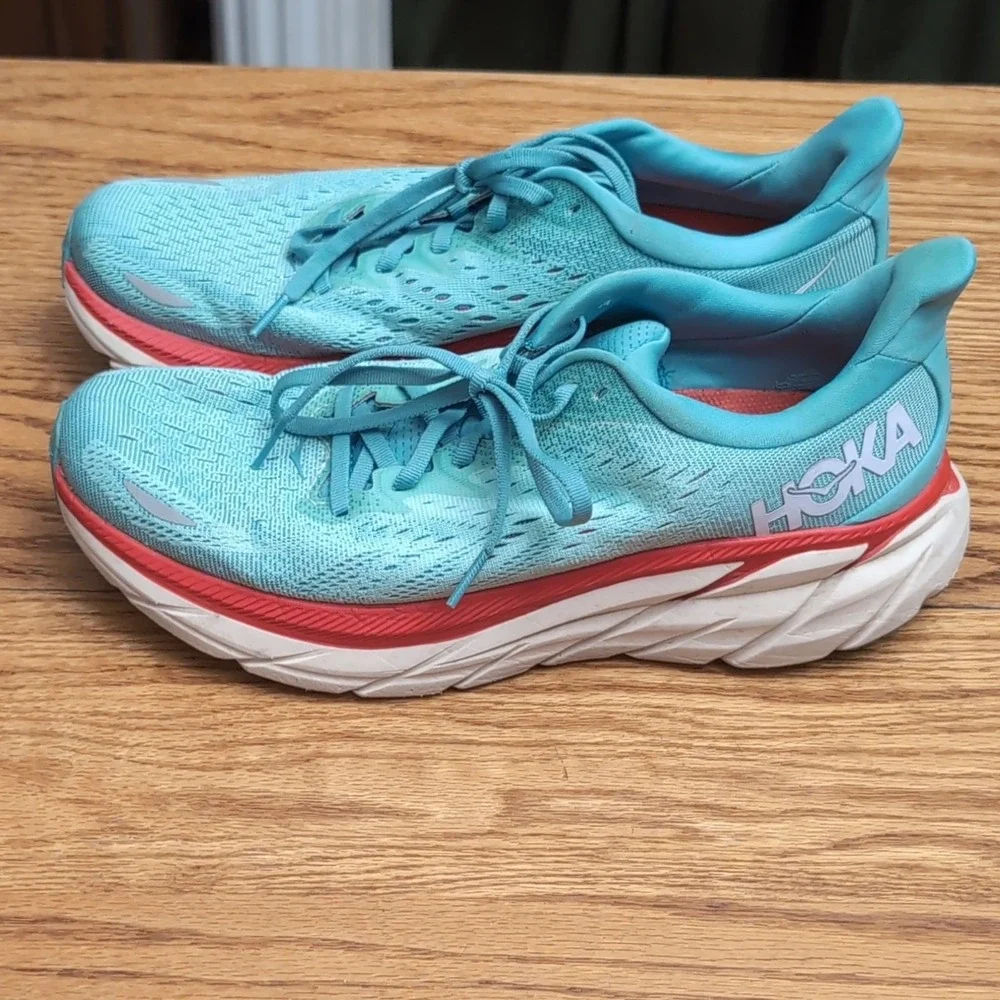 Hoka One One Clifton 8 Women's Running Shoes Light Blue Red White Size 10B